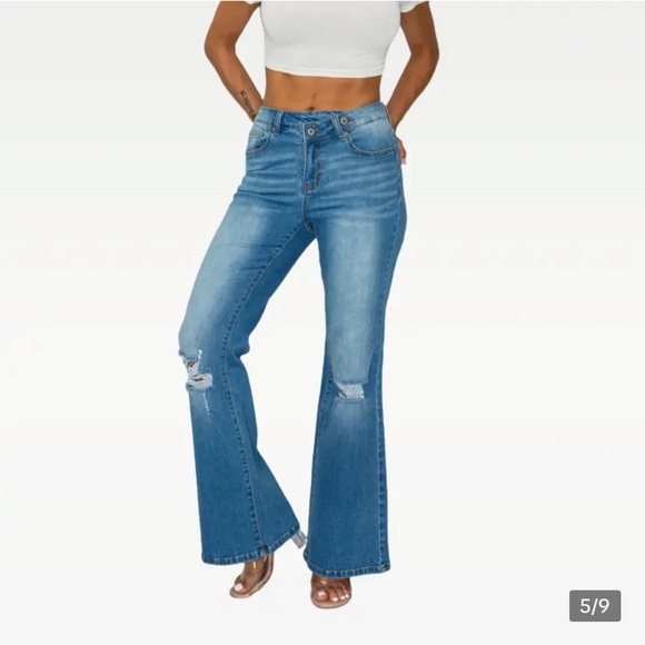 Light Wash High-Rise Distressed Flare Jeans - Women - Picture 4 of 11